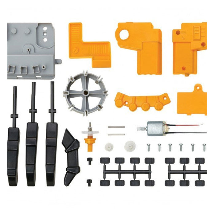 Set of mechanical parts including gears, motors, and various components on a white background