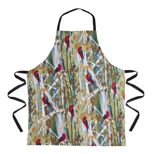 Apron with a colorful design of birds on a white background