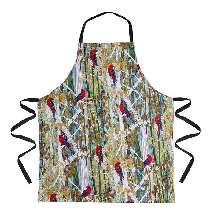 Apron with a colorful design of birds on a white background