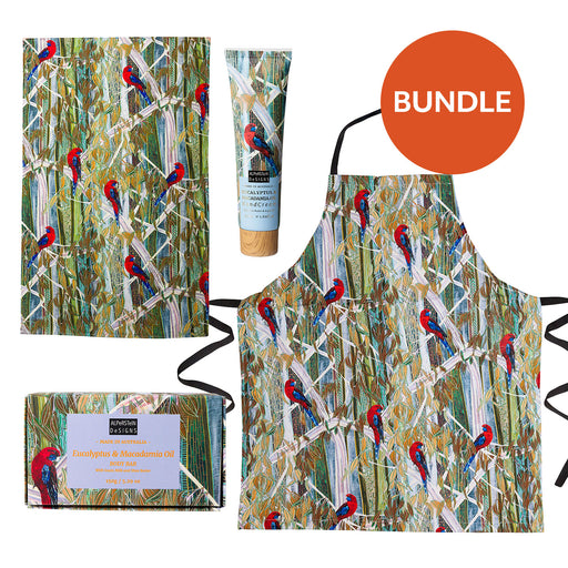 Product bundle with apron, soap, and lotion featuring a parrot design.