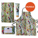 Product bundle with apron, soap, and lotion featuring a parrot design.
