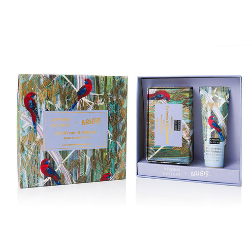 Set of skincare products with parrot design packaging on a white background