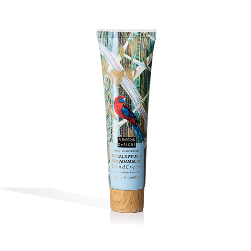 Tub of sunscreen with a colorful label featuring a bird and natural elements on a white background.