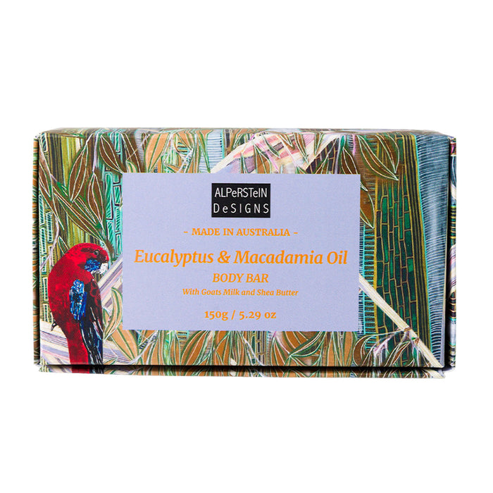 Bar of soap with a colorful packaging design featuring a bird and text on a white background
