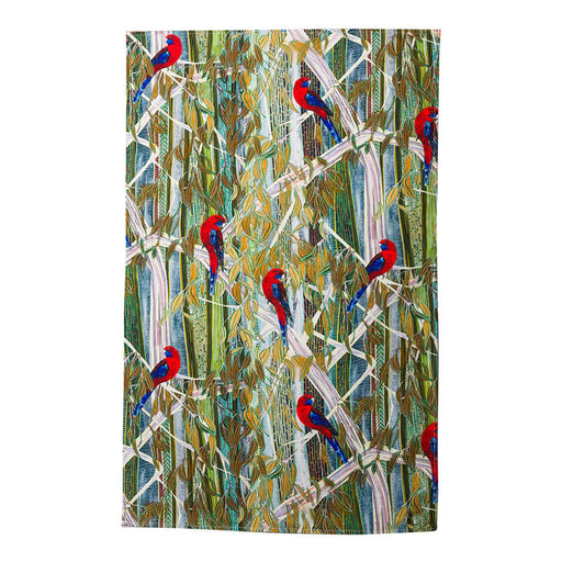 Artistic depiction of parrots on branches with a colorful background