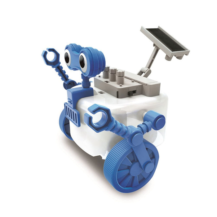 Toy robot model with blue and white design on a white background