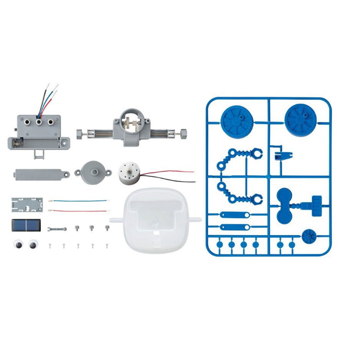 Set of electronic components and a blue schematic diagram on a white background