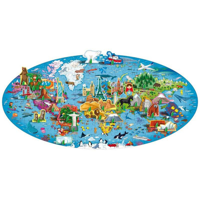 Children's world map play mat with various illustrations on a white background