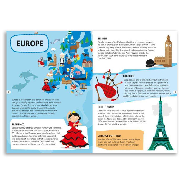Educational book about Europe with illustrations and text on a white background