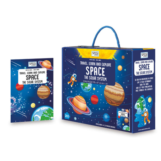 Space-themed educational product packaging with illustrations of planets and astronauts on a white background.