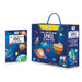 Space-themed educational product packaging with illustrations of planets and astronauts on a white background.