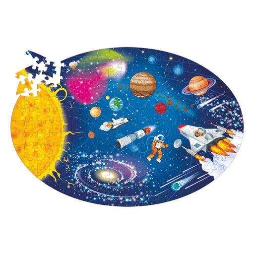 Space-themed puzzle with solar system illustration on a white background