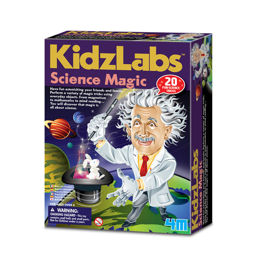 Box of KidzLabs Science Magic set with a cartoon scientist character on a white background