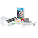 Science magic kit with various components on a white background