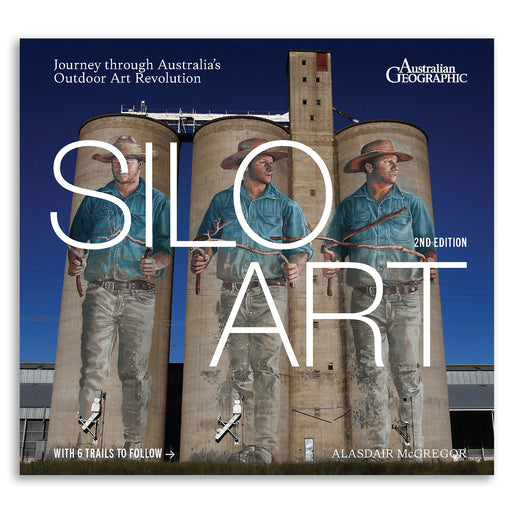 Book cover of 'Silo Art' featuring silos with artwork and Australian Geographic branding.