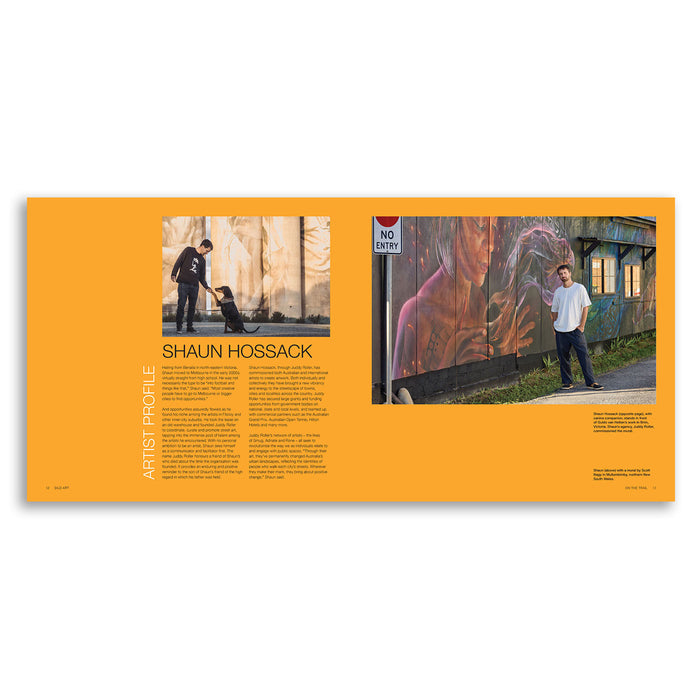 Booklet with images of a person by a mural and text about Shaun Hossack on an orange background