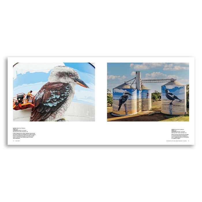 Book or magazine layout with images of a kookaburra and a painted structure.