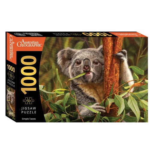 Jigsaw puzzle box featuring a koala on a tree with Australian Geographic branding.