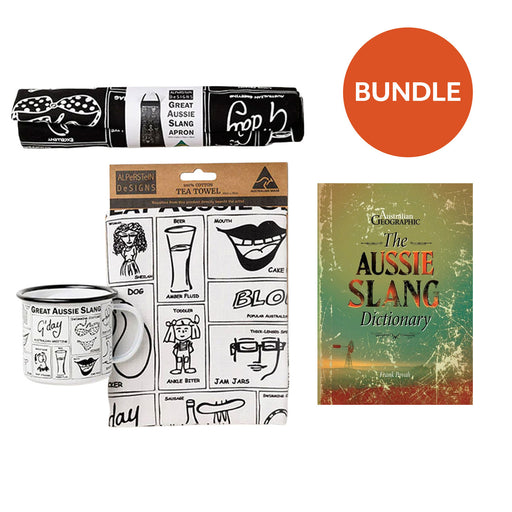 Collection of items including a mug, tea towel, apron, and book titled 'The Aussie Slang Dictionary' with a 'BUNDLE' label.