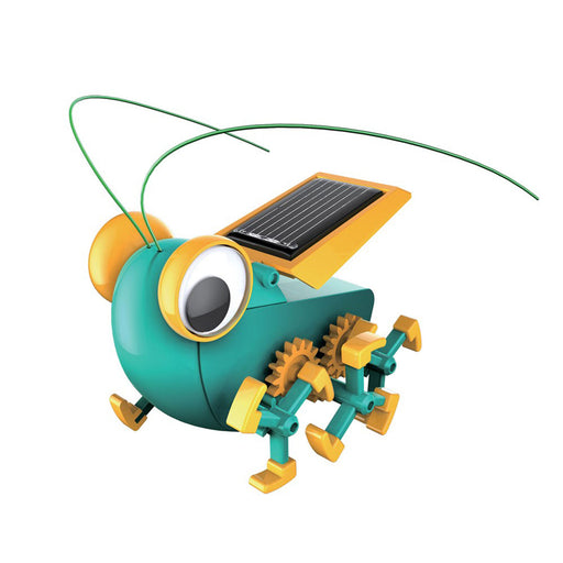 Toy grasshopper with solar panel on a white background