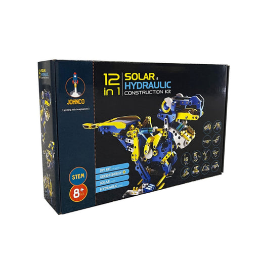 Box of a 12-in-1 solar and hydraulic construction kit with JOHNCO branding.