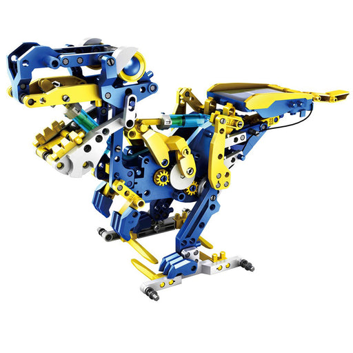 Toy robot model with blue and yellow colors on a white background