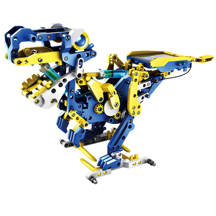 Toy robot model with blue and yellow colors on a white background