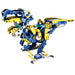 Toy robot model with blue and yellow colors on a white background