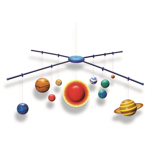 Model of a solar system with planets on a rod against a white background