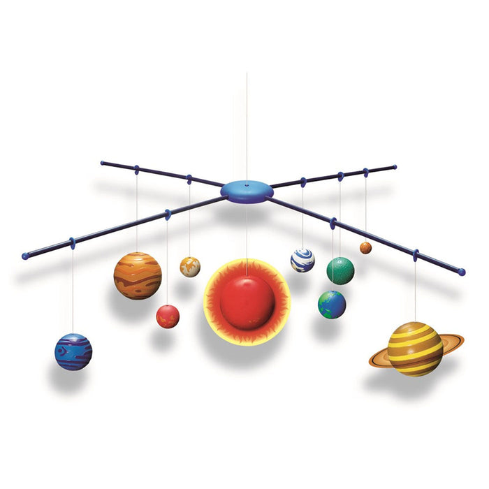 Model of a solar system with planets on a rod against a white background