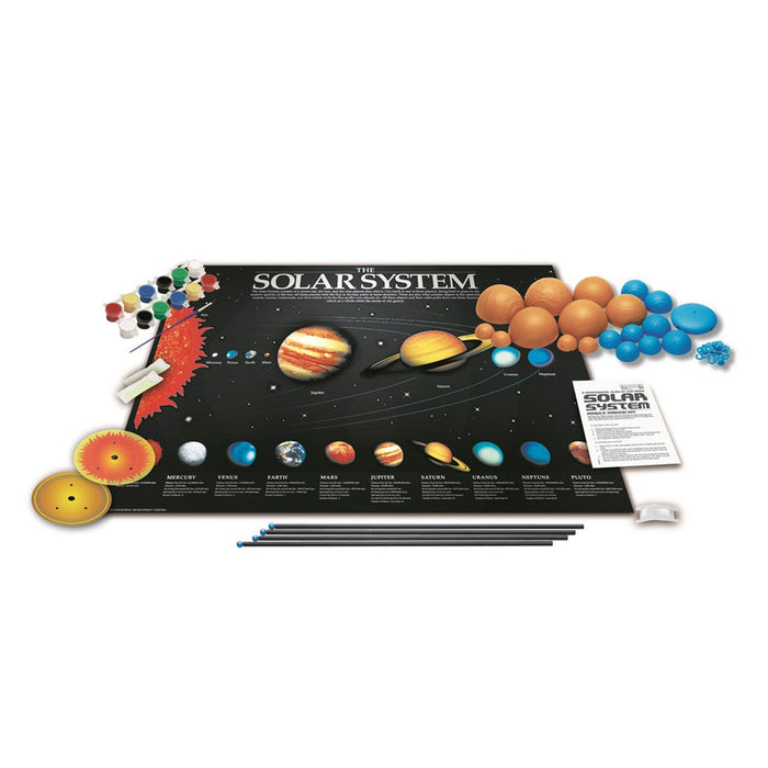 Solar system model kit with poster and colorful planets on a white background