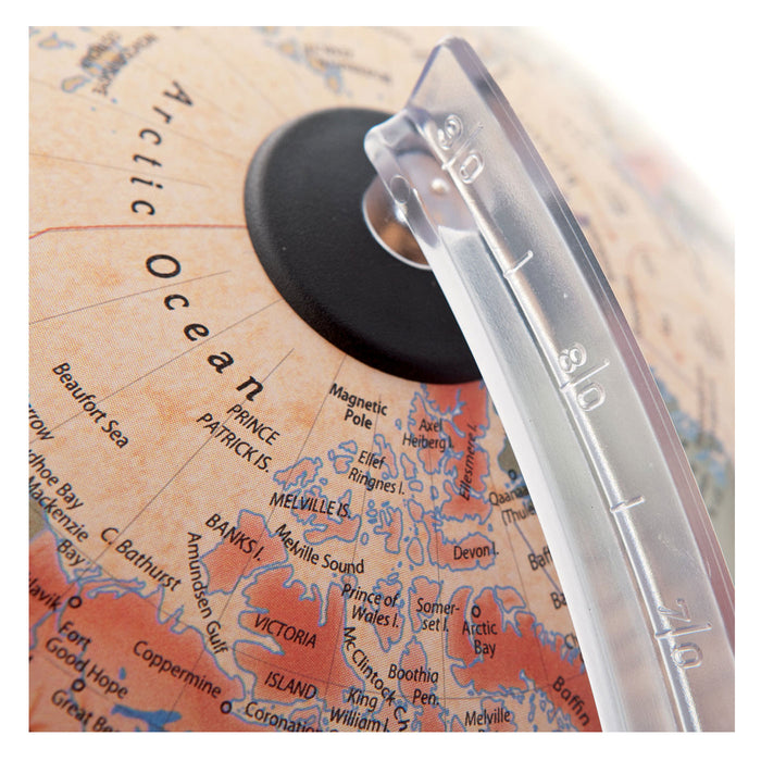 Globe with a ruler showing measurements on a world map background