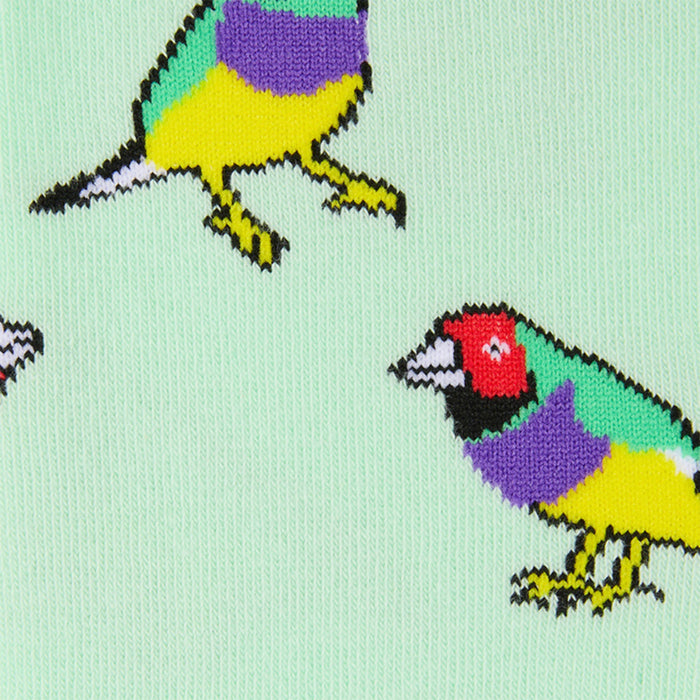 Close-up of knit socks featuring colorful bird motifs on a pale mint green background.
