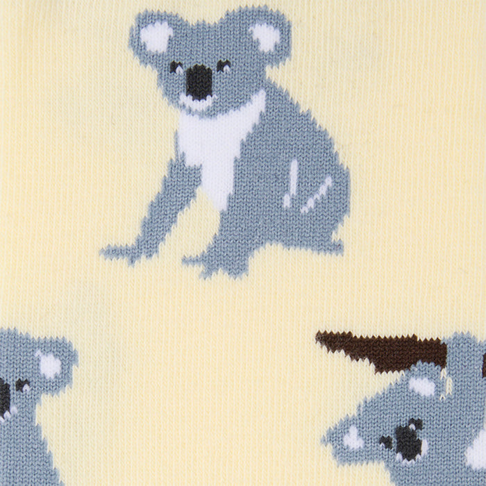 Close-up of a knit fabric with a repeating koala print on a pale cream background. The koalas are light blue-gray with white chests and dark brown ears.