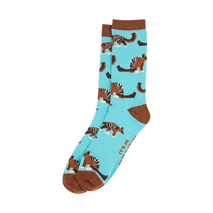 Socks with Numbat pattern on a light blue background