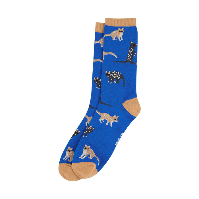 Blue socks with quoll pattern on a white background