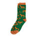 A pair of crew socks with a green background featuring an allover pattern of orange and black striped Tasmanian tigers, finished with solid orange cuffs, heels, and toes.