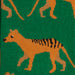 Close-up of a knitted fabric featuring an orange Tasmanian tiger with black stripes on a green background, with partial kangaroo tails visible at the top.