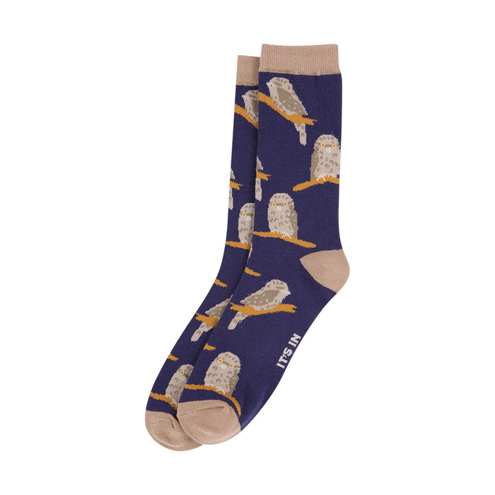 Navy blue socks with tawny frogmouth pattern on a white background