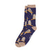 Navy blue socks with tawny frogmouth pattern on a white background