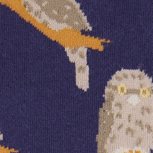 Close-up of a sock with tawny frogmouth design on a dark background