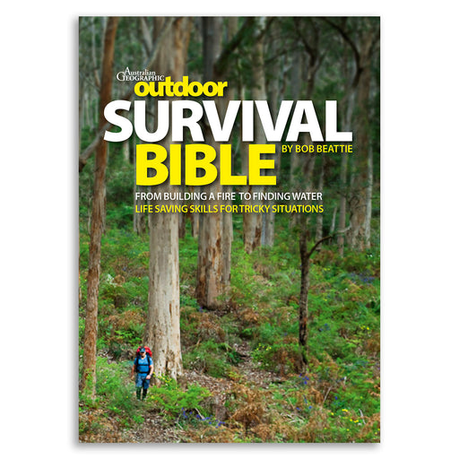 Book cover of 'Outdoor Survival Bible' with a person in a forest