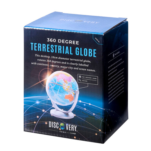 Box packaging of a 360-degree terrestrial globe with branding and product details.