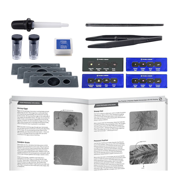 Microscope slide set with slides, coverslips, tweezers, and a manual on a white background