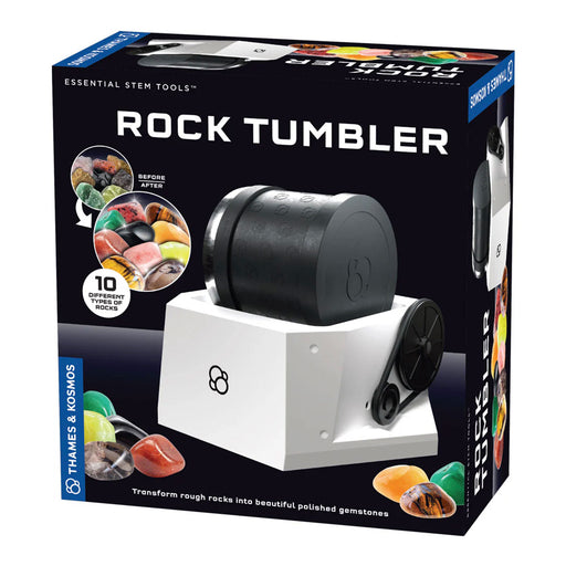 Boxed rock tumbler with images of polished stones on a white background