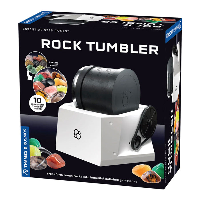 Boxed rock tumbler with images of polished stones on a white background
