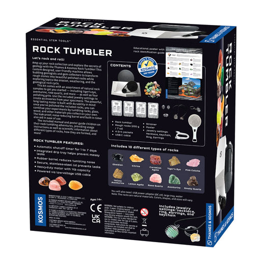 Box of a rock tumbler with product details and branding on a white background