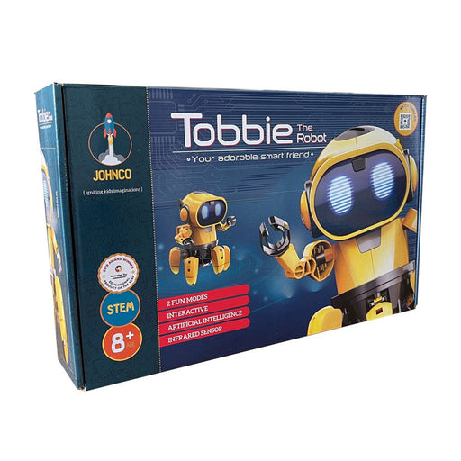 Box of Tobbie the Robot toy with Johnco branding on a white background