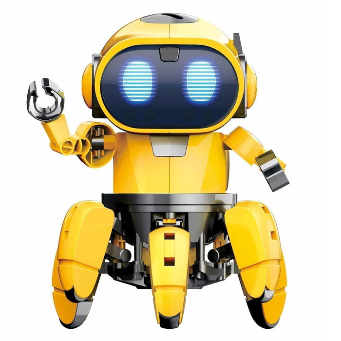 Yellow robot toy with blue glowing eyes on a white background