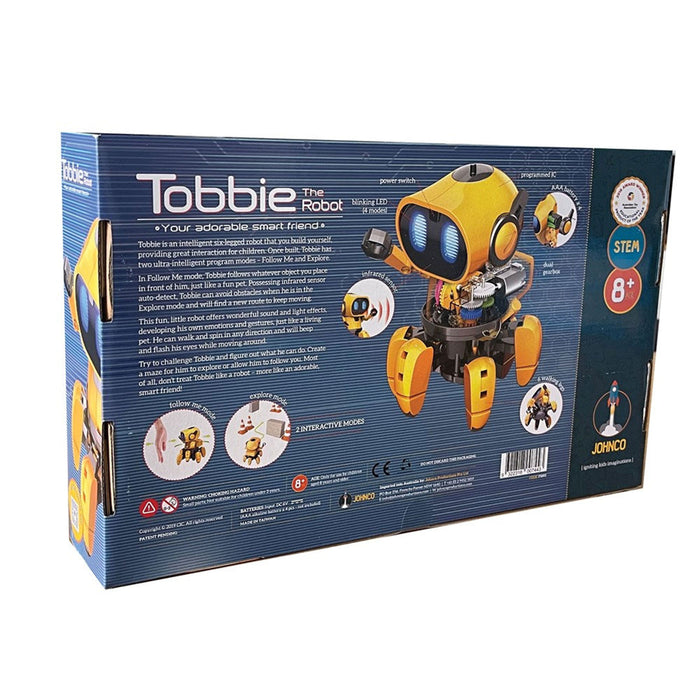 Box of Tobbie the Robot with blue and yellow design